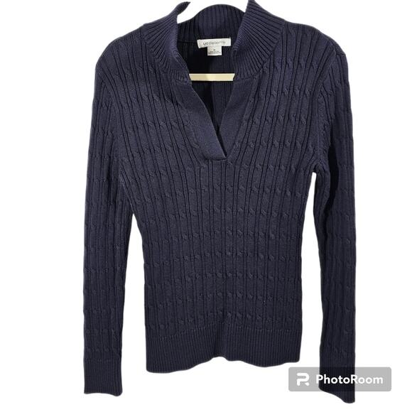 Liz Claiborne 100% Cotton Long-Sleeve Split-Neck Navy Cable Sweater Women's M - Picture 1 of 9